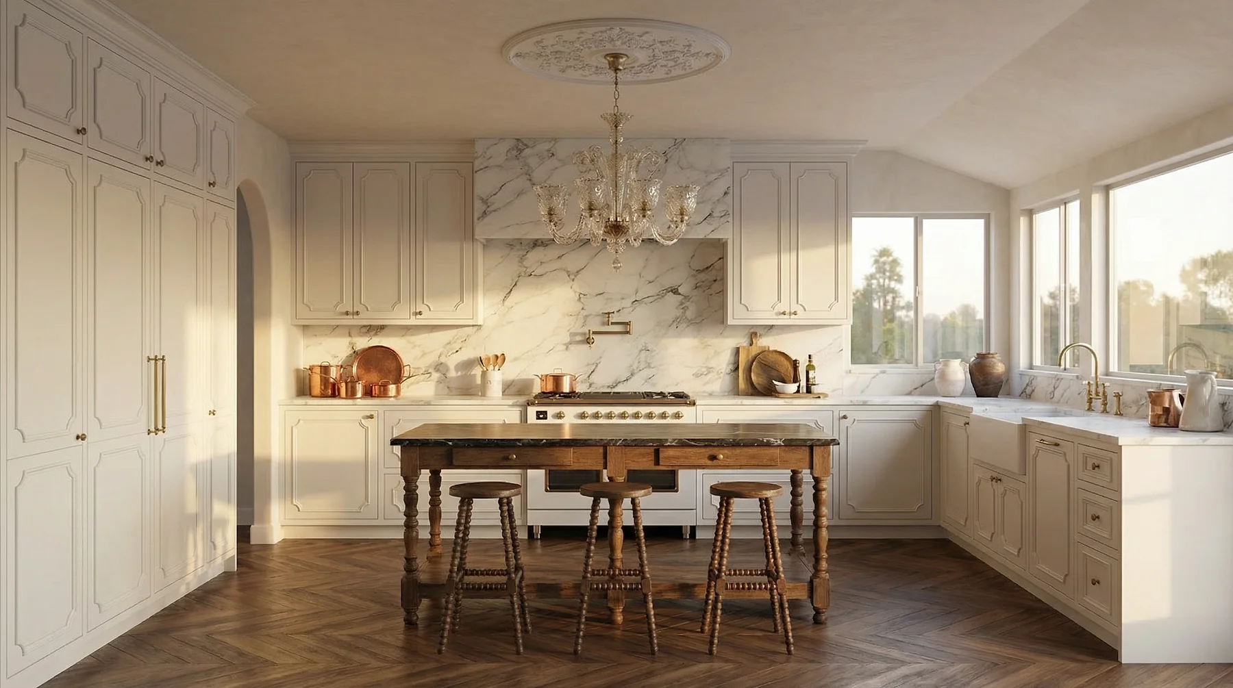 Artist’s rendering of the proposed kitchen with pale cabinetry and a central worktable