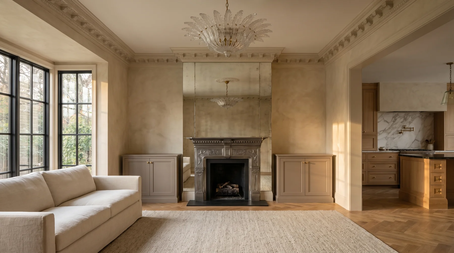 Artist’s rendering of the proposed living room with classical detailing and a fireplace