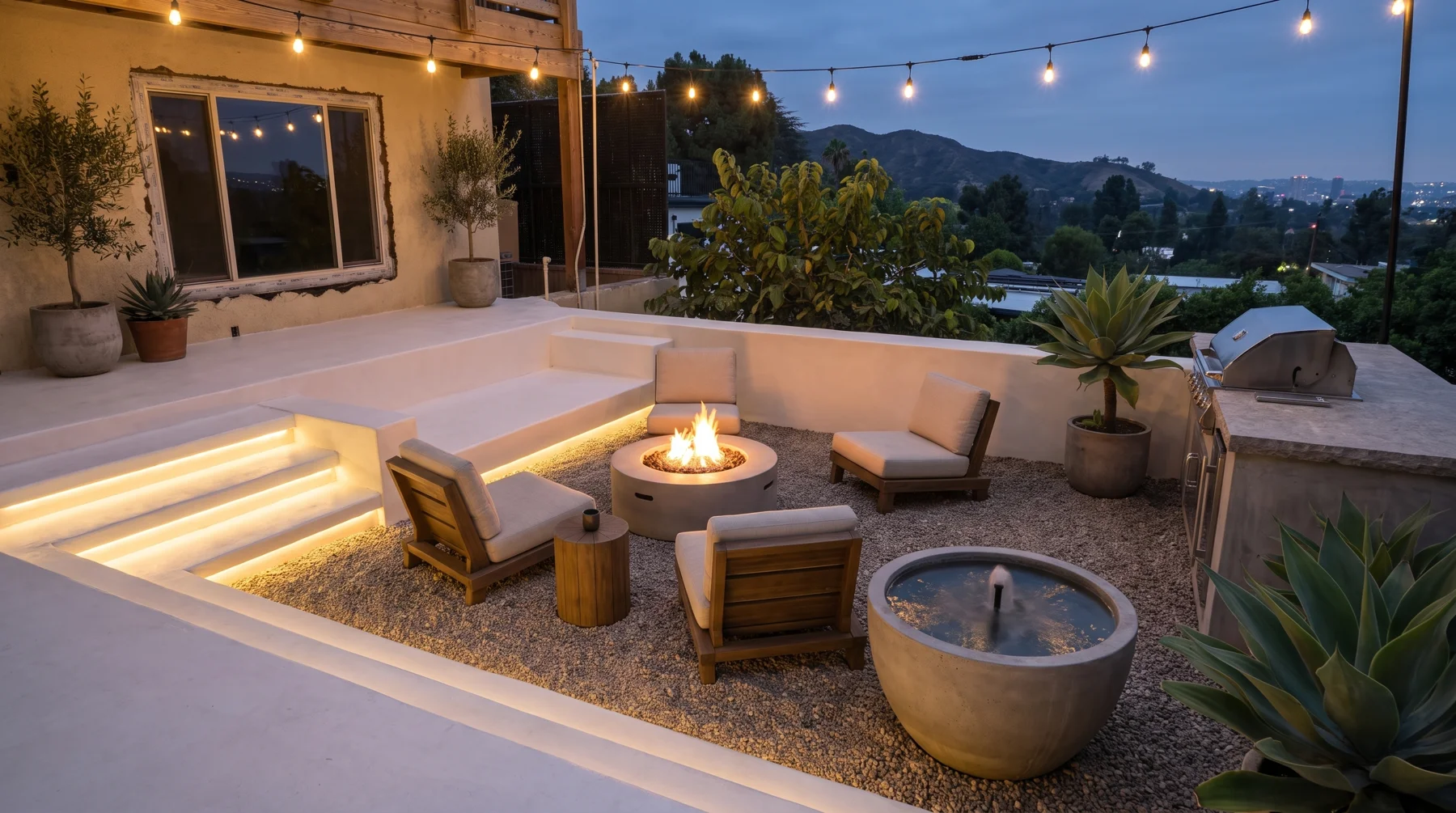 Artist’s rendering of a proposed sunken outdoor gathering area at dusk